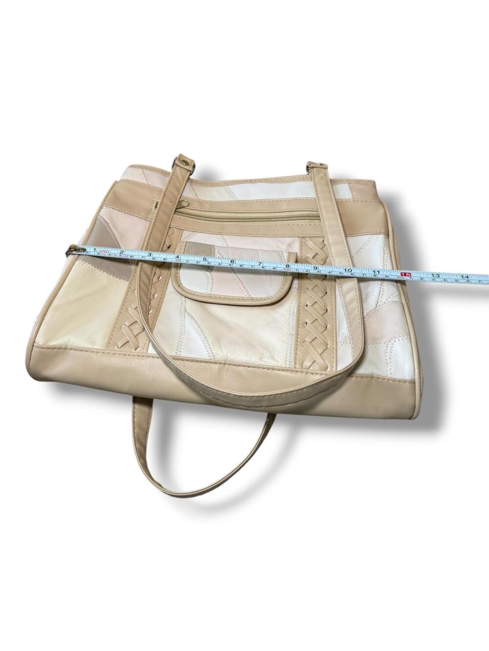 Vintage Patchwork Purse Cream Tan Leather Braided Shoulder Zipper Bag EUC - Picture 7 of 8